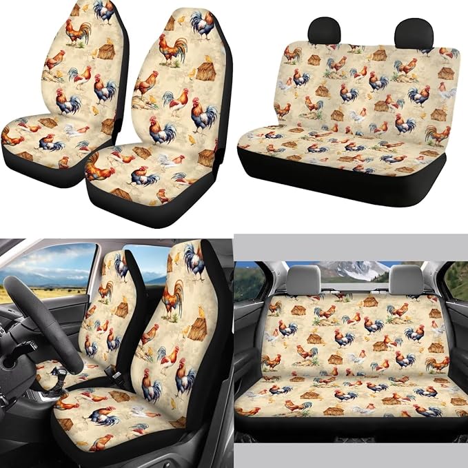 Mumeson Vintage Rooster Car Accessories Full Set of 8pcs Car Seat Covers with Seat Belt Pads, Steering Wheel Cover, Car Armrest Cushion Auto Interior Protector Covers Decor