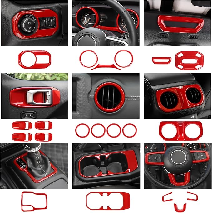 23PCS Full Set Interior Decor Trim Kits Fit for 2018-2023 Jeep Wrangler JL JLU & Gladiator JT 4Door Dashboard Cup Holder Headlight Switch Gear Shift Roof Speaker Map Light Inner Door Bowl Trim