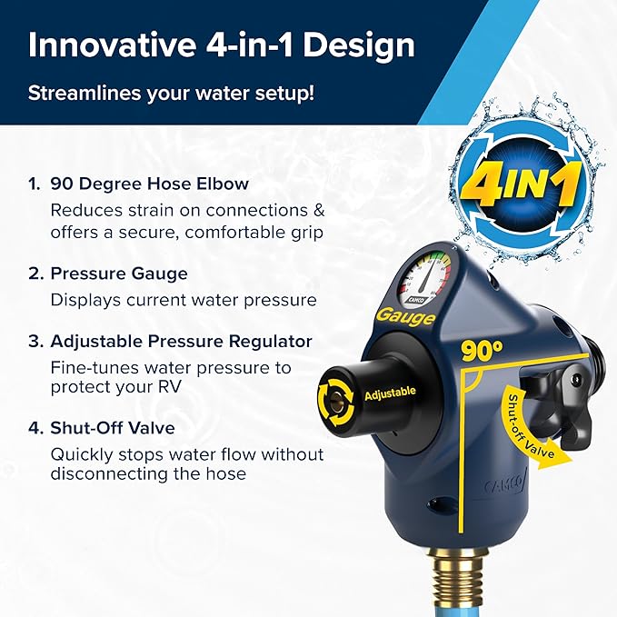 Camco Tastepure 4-in-1 Adjustable RV Water Pressure Regulator - Combines a 90° RV Hose Elbow Design, Pressure Gauge, Adjustable Regulator, & Shut-Off Valve in One RV Accessory (40065)
