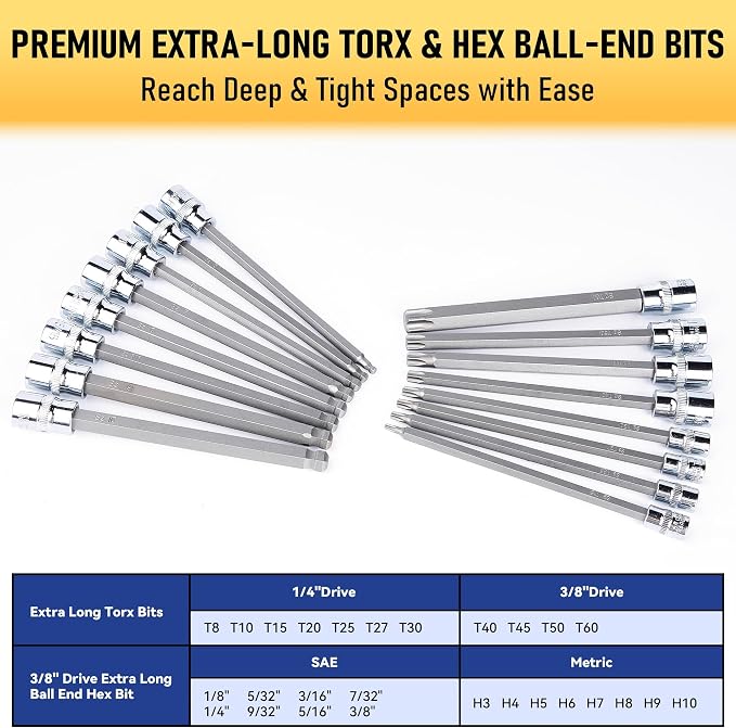 107-Piece Master Torx & Allen Bit Socket Set, S2 Steel, 1/4" 3/8" 1/2" Drive, Long Torx, Ball End Hex, Tamper-Resistant Star, E-Star Sockets, SAE & Metric (Chrome-Polished Set)
