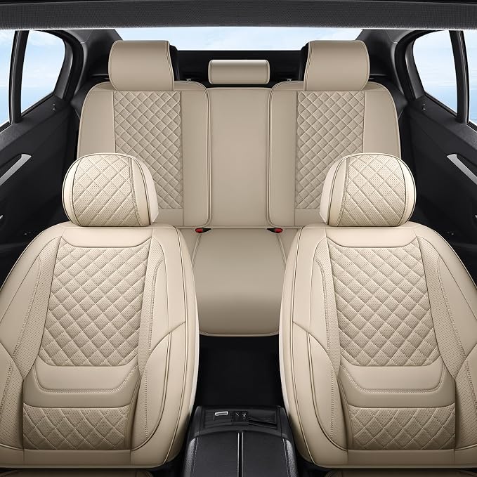 Car Seat Covers Full Set, Beige Leather Seat Covers, Breathable Front and Back Car Seat Protectors, Wear-Resistant Seat Covers Universal Fit for Most Cars SUV Truck (Beige-Diamonds,Full Set)