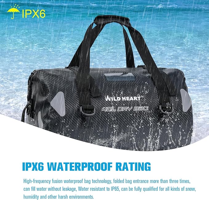 WILD HEART Waterproof Motorcycle Duffel Bag PVC500D Double-bottom With Rope Straps and Inner Pocket 40L 66L 100L for Kayaking, Camping, Boating,Motorcycle