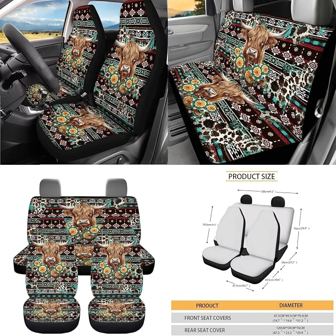 Dreaweet Aztec Highland Cow Car Accessories 15 Pcs Car Seat Covers Full Set with Steering Wheel Cover Seat Belt Pads Trash Can Rear View Mirror Cover Coasters Keychain Air Vent Storage Bag