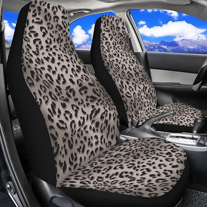 Gray Leopard Print 11 Pack Car Seat Covers Full Set Car Front Seat Cover Auto Seat Belt Cover Rear View Mirror Cover Steering Wheel Cover for Car SUV Seat Protector