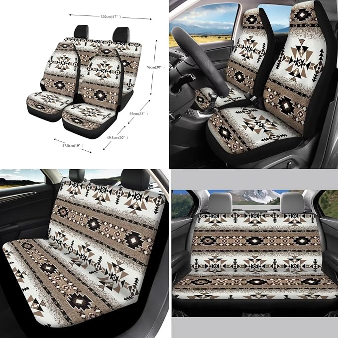 Suobstales Aztec American Tribal Geometric Print Car Seat Cover Full Set SUV Interior Accessories Front/Back Bench Bucket Seat Cover, Steering Wheel Cover, Seat Belt Cover, Coasters, Keychain