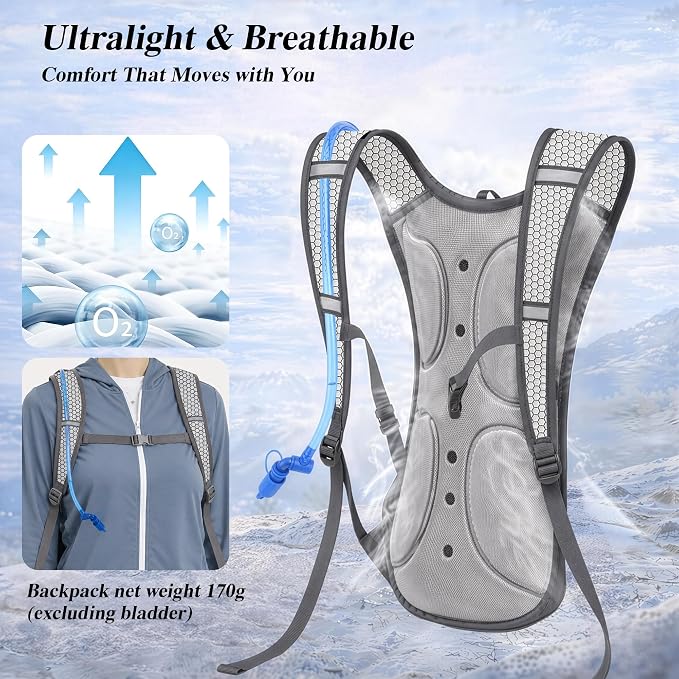 2 Pack Hydration Backpack Pack with 2L Hydration Bladder, TNYSPORT Lightweight Breathable Water Backpack with 3 Layer Pockets, Reinforced Shoulder Straps for Hiking Running Cycling