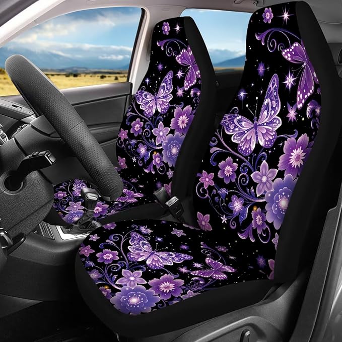 Purple Butterfly Car Cover Seats Full Set of 17 Pcs Purple Butterfly Car Accessories Set with Car Mats Full Set Steering Wherl Cover Seat Belt Cover Pad Center Console Cover,Universal Fit
