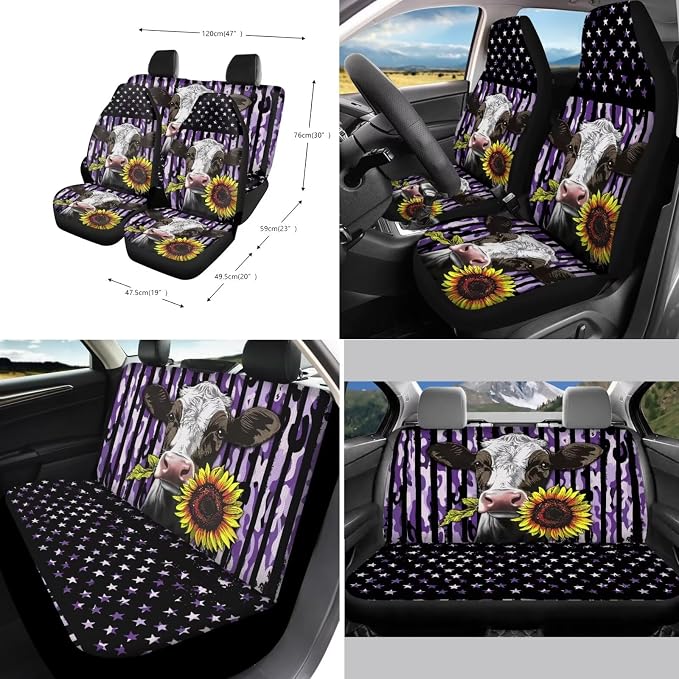 Suobstales Cow Sunflower Camo Print Car Seat Covers Full Set for Women Men American Flag Seat Cover Protector Auto Decorative with Steering Wheel Cover +Seat Belt Covers +Coasters +Keychains