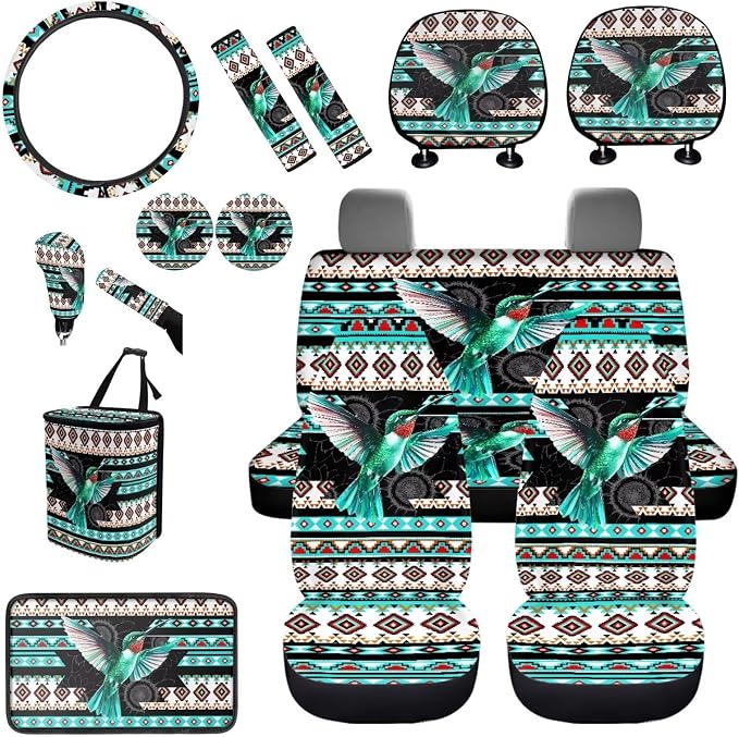 BIGCARJOB Art Hummingbird Seat Cover for Cars Front and Rear Car Seat Accessories Full Set 15 Pack Native Hummingbird Handbrake Cover,Headrest Pillow Cover,Seat Belt Pads,Universal Fit