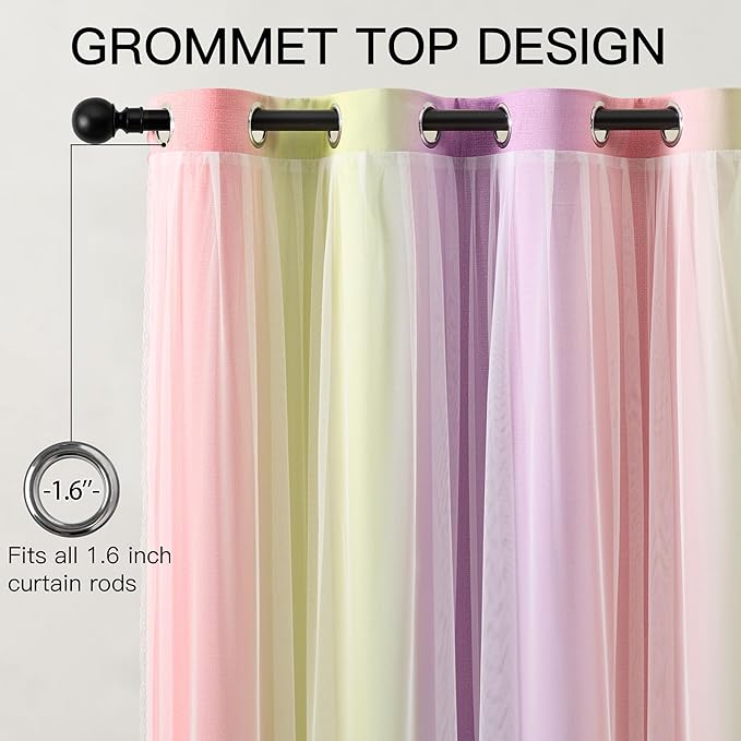 XiDi Blackout Curtains with Sheer Overlay for Girls Bedroom 84 Inches Long 2 Panels Pink Yellow Purple Rainbow Blackout Curtains for Little Girl Kids Room Decor Living Room Grommet Drapes 52x84