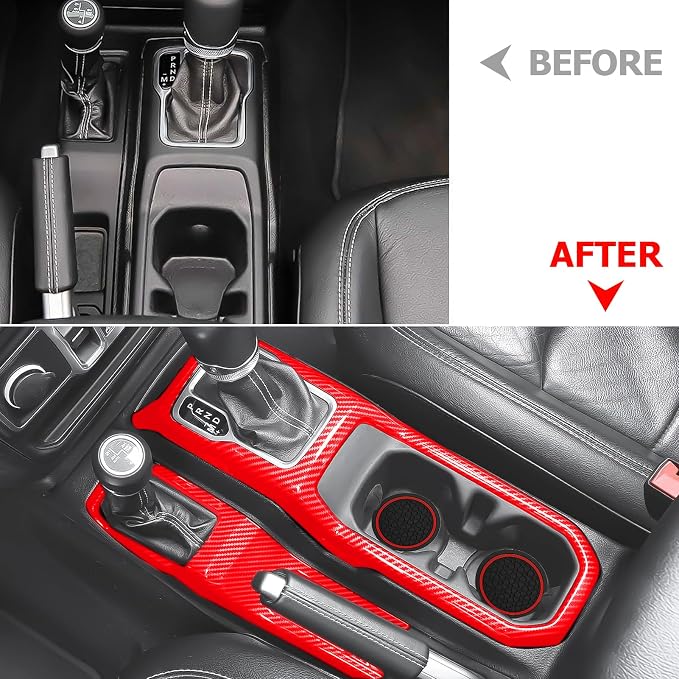 Red Carbon Fiber Shift Panel Cover for Jeep Wrangler JL JLU & Gladiator JT, 2PCS Cup Holder Trim Interior Accessories Compatible with 2018-2024 Models