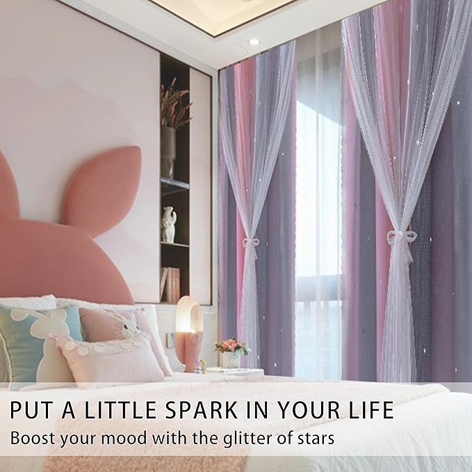 XiDi Curtains for Girls Bedroom Decro,Full Blackout 84 Inches Long for Kids Room, Colorful Rainbow Style, Unicorn Wall Decor Ombre Curtains, Princess Room Pink/Grey
