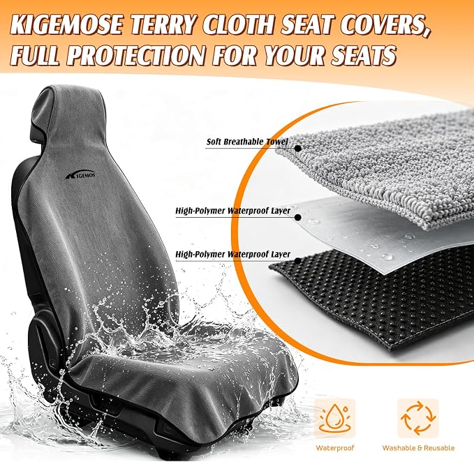 2 Pack Towel Car Seat Covers, Waterproof Washable Front Seat Protectors with Soft Terry Cloth, Non-Slip Backing, Universal Fit for Cars SUVs Trucks,Gym,Beach,Pets, Kids,Road Trips (Gray)