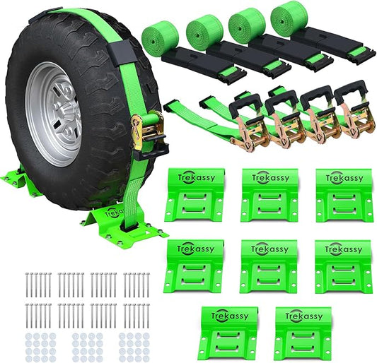 Trekassy Wheel Chock Tie-Down Kit with Rubber Blocks, (4,500lb Break Strength) Heavy Duty E Track Trailer Tire Straps for ATV, UTV, Lawn Mower- 4 Pack