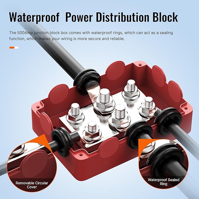 Joinfworld Heavy Duty 500A Bus Bar Waterproof Power Distribution Block with 4*5/16"(M8)+2*3/8"(M10) Studs 48V DC Automotive Marine Battery Terminal Distribution Block with Cover - Negative&Positive