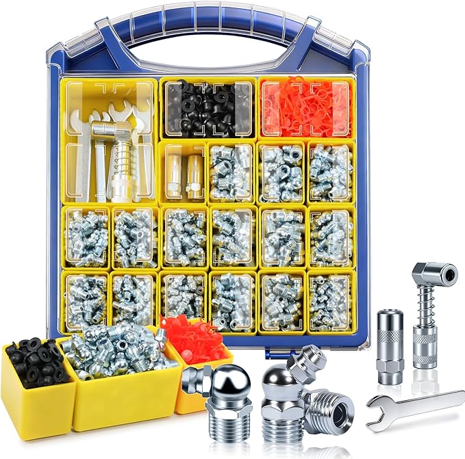 OURU Grease Fittings Assortment Kit with DlY Tool Storage Box Organizer, 610PCS SAE & Metric Grease Zerk (Straight/45°/90°) with Standard & 90° Couplers, Dust Caps & 7-11mm Wrench Set for Grease Gun