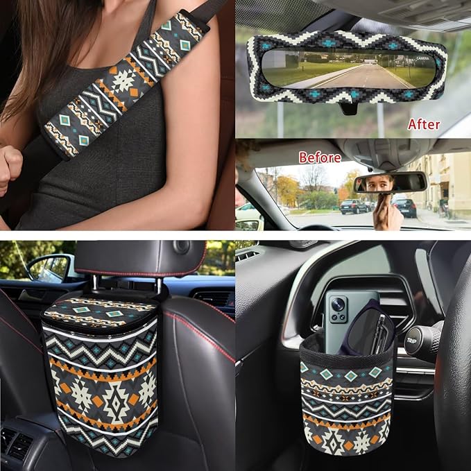 XYZCANDO Ethnic Style Auto Accessories Sets 15 PCS Car Seat Cover Set Steering Wheel Cover Seat Belt Pads Cover Garbage Bag Coasters Keychain Storage Box Car Rear View Mirror Cover for Sedans Van SUV