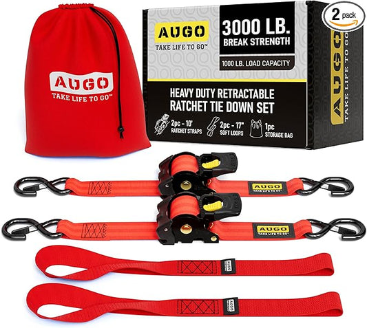 AUGO Retractable Ratchet Straps | 2 Heavy Duty Ratchet Straps Self Retractable Tie Downs with Soft Loops & Storage Bag for Motorcycle, Truck, Trailer, Cargo Van | 3000 Lb Break Strength 2” x 10’