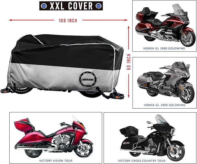 Heavy Duty Motorcycle Cover, Totally Breathable, Reflective Strips, Elastic Bottom, Luggage Strap, Lockable Grom, Durable Sewn Cutouts, Outdoor, Waterproof Cover (Black/Silver, XX Large)