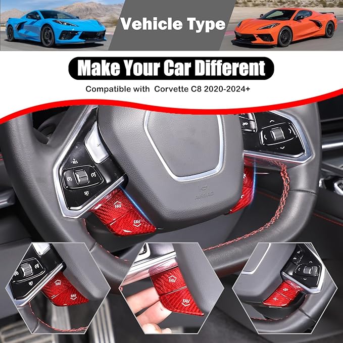 Dry Carbon Fiber Central Control Steering Volume Button Cover Compatible with Corvette C8 2020-2025 Accessories 4Pcs Center Consoles Steering Button Panel Sticker Decorative Interior Trim (Red)