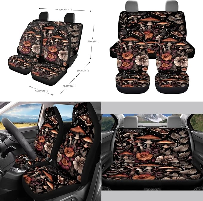 Mushroom Butterfly Flower Pattern Car Seat Covers Full Set, 10Pcs Car Accessories Steering Wheel Cover + Keychain + Coasters + Car Trash Bin + Air Vent Pounch Bag for Women Men