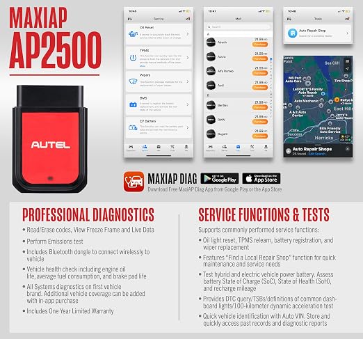 Autel MaxiAP AP2500 Obd2 Scanner Bluetooth 5 Service Functions Auto OBDII Diagnostic Scan Tool iOS & Android Full Systems Code Reader Same Functions as AP2500E, Advanced AL329, 45+ Car Brands