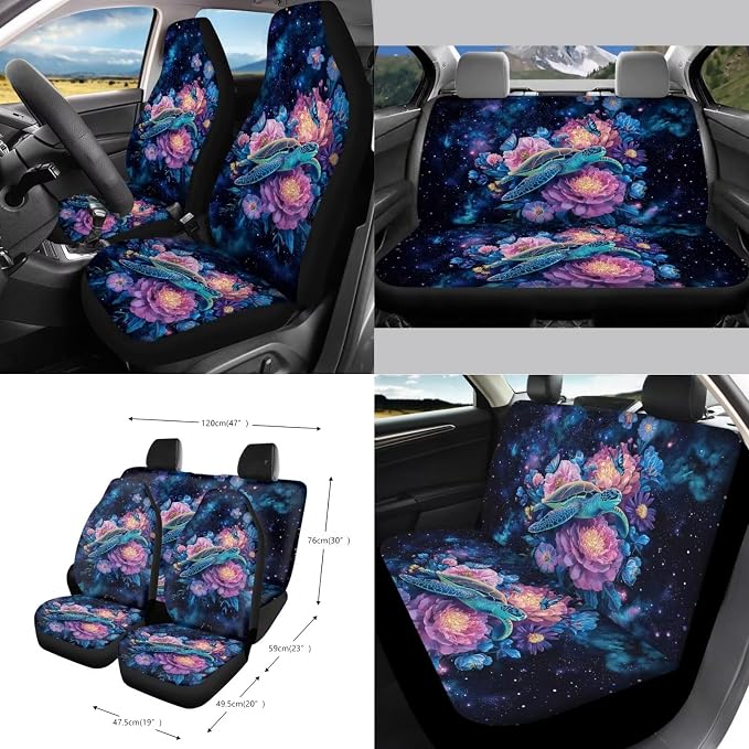 Turtle Peony Flower Star Butterfly Print Full Set with Front Back Seats Covers Steering Wheel Cover Rearview Mirror Cover Keychain Trash Can Auto Seat Belt Pads, Coaster for Women Men