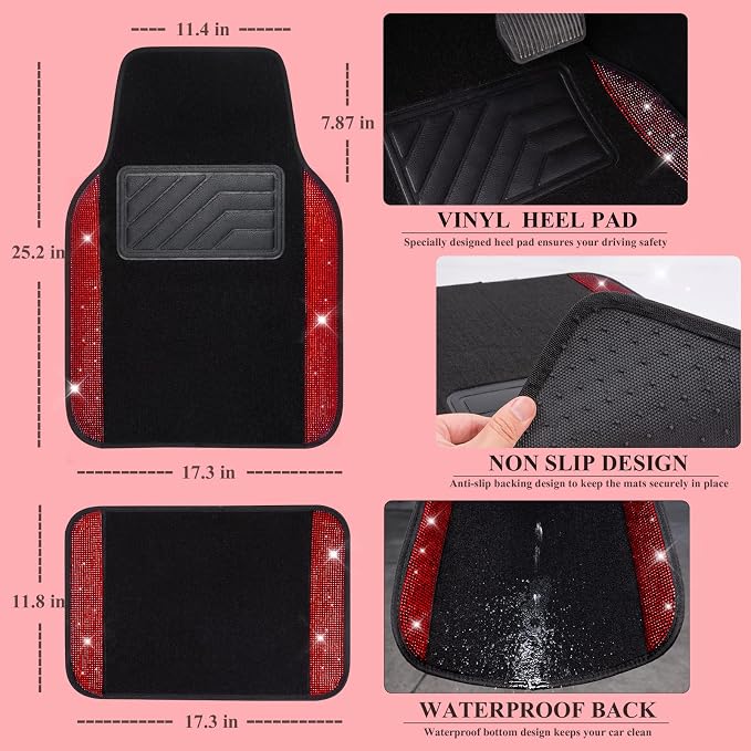 CAR PASS Diamond Bling Leather Seat Covers Set Car Floor Mats Glitter Rhinestone Steering Wheel and Car Interior Accessory Set for Women Red
