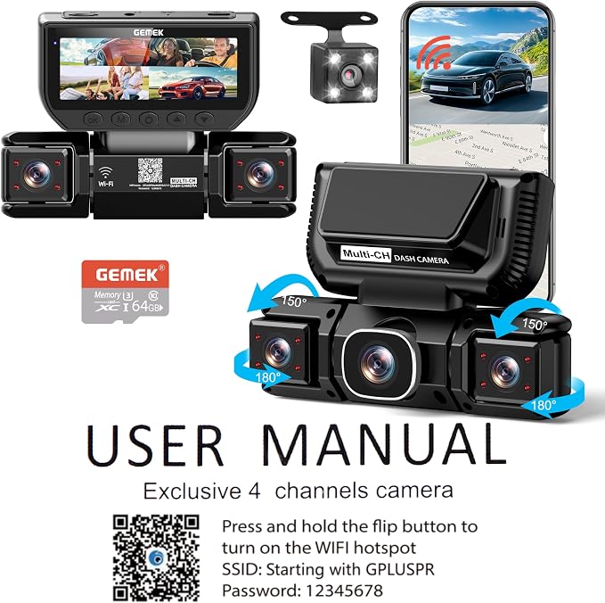 360 Degree View 4 Channel Dash Cam 5G WiFi & APP Control, GEMEK 2K Front and Rear Inside, Left Right Dash Camera for Cars Free 64GB TF Card, G-Sensor, Night Vision, 24H Parking Mode