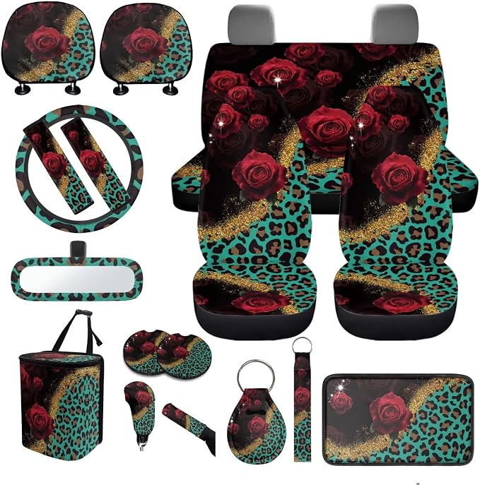 Rose Leopard Print Car Seat Covers Full Set 18 Pcs Universal Car Interior Accessories Set with Leopard Print Car Headrest Covers Seat Belt Pads Cover Funda Para Volante De Carro Universal Fit