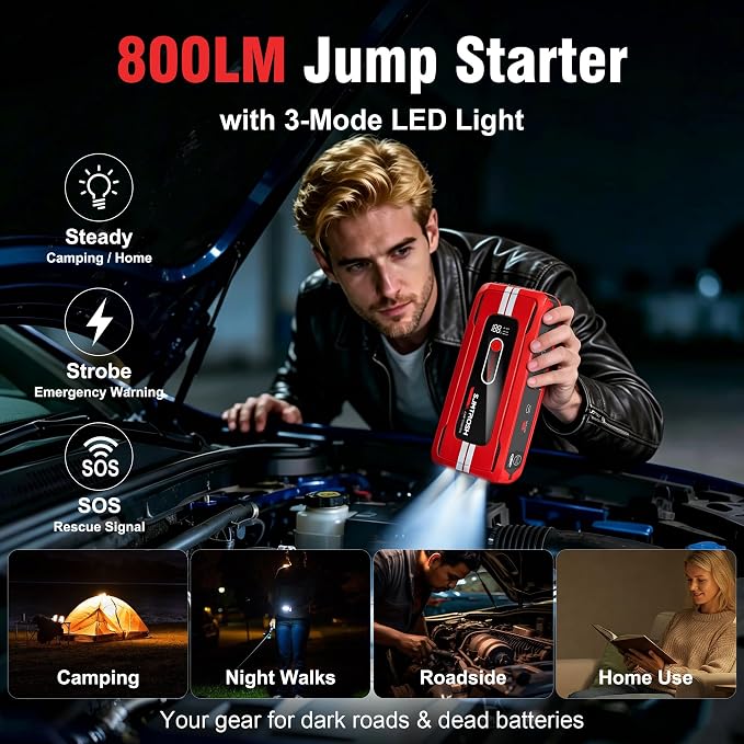 Jump Starter 5000A Peak, Jump Box 12V Battery Jumper Starter Portable, Jump Pack with 59.2Wh Large Capacity, Car Battery Charger Jump Starter with Dual USB Ports, 5000A Peak Jump Starter