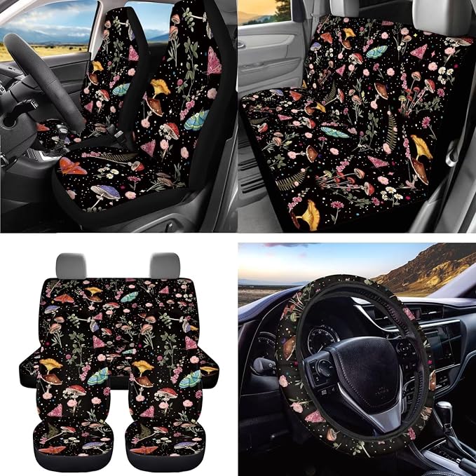 Dreaweet Mushroom Car Seat Covers Full Set for Women Cute Car Accessories Interior Car Steering Wheel Cover Seatbelt Covers Trash Bin Rear View Mirror Cover Cup Holders Keychain Air Vent Storage Pouch