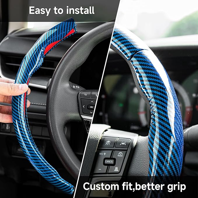 West Llama 3 Piece Carbon Fiber Steering Wheel Cover, 14.5-15 Inch 3 Pc Auto Car Steering Wheel Cover Universal Fit for 99% Cars, SUVs, Trucks (Glossy Blue)