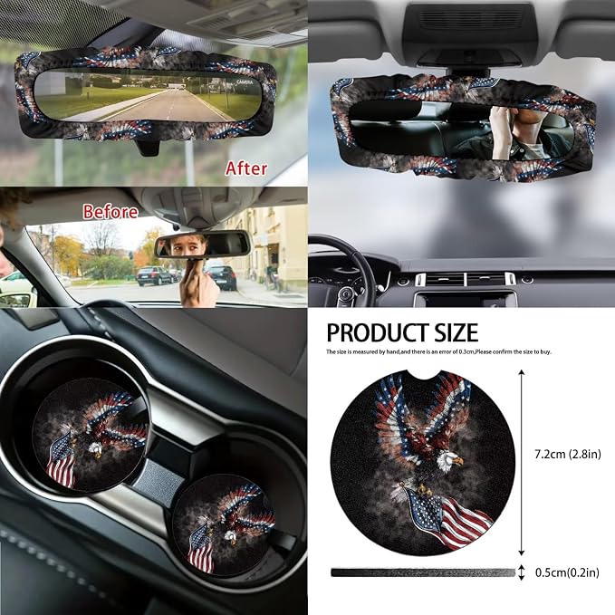 Eagle Print Car Seat Covers Full Set for Men American Flag Print Front and Rear Car Seat Covers with Gear Lever Cover Handbrake Cover Garbage Bag Safety Belt Pads Cup Cushions