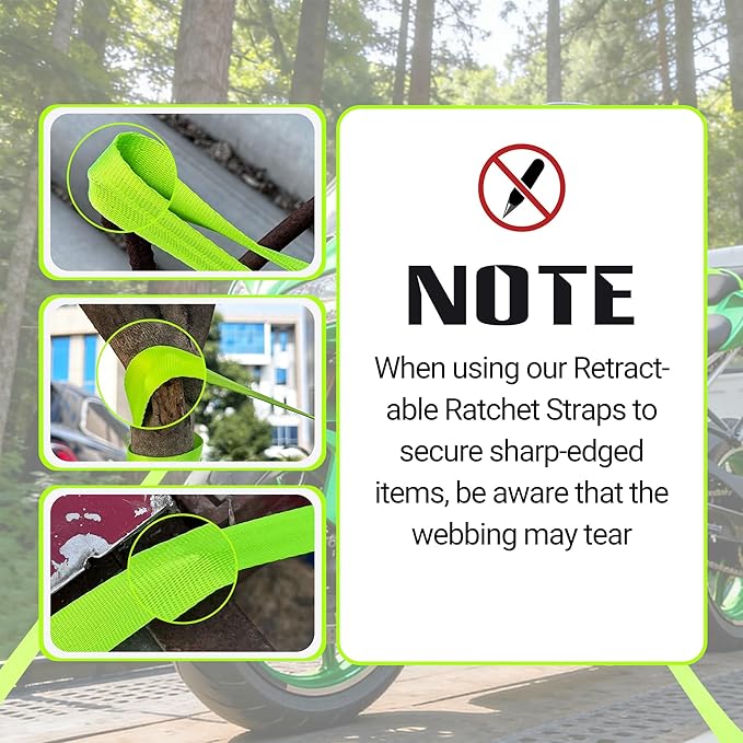 Retractable Ratchet Straps (2-Pack) - Heavy Duty Auto Slow Retraction Tie Down Straps - 1 Inch x 13 Feet (1,800lb Break Strength) for Truck, Cargo Trailer, Motorcycle, ATV, UTV - Fluorescent Green