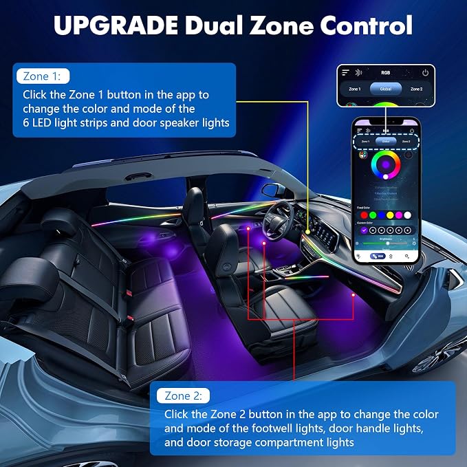 2026 Upgraded Car Ambient Lighting Kits Dreamcolor Acrylic Interior Car LED Strip Light with Wireless APP, RGB 22 in 1 Dynamic Chasing Music Sync LEDs Fiber Optic Strip Lights
