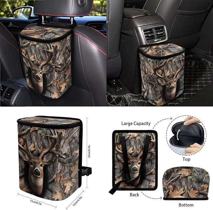 Deer Leaf Camo Pattern Car Accessories Set of 15 Bucket Seat and Rear Bench Cover Steering Wheel Cushion Seatbelt Pad Trash Bin Rearview Mirror Cover Keychain Air Outlet Bag Cup Holders