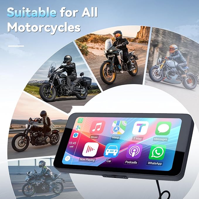 Motorcycle CarPlay Screen with Wireless Apple CarPlay Android Auto,6.25 Inch Waterproof Touch Screen, GPS Navigation for Motorbike Supports GPS Navigation/Mirror Link/Bluetooth Transmission