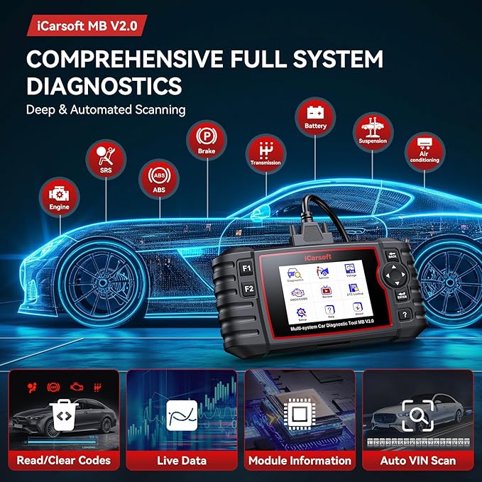 iCarsoft MB V2.0 for Mercedes Benz OBD2 Scanner, Full System Diagnostic Scan Tool, 8 Resets Auto VIN, Oil/SAS/EPB/ETC/DP-F/BLD/INJ/SAS/TPMS, Free Update, Automotive Code Reader with Battery Test