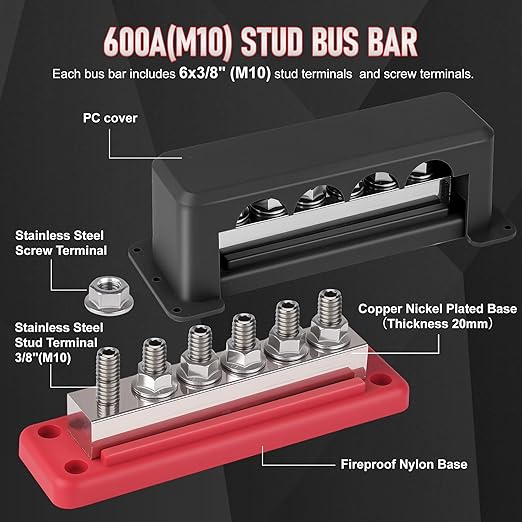 CNSPEED﻿ 2Pcs 600A Bus Bar Power Distribution Block 12-48V Terminal Block 6x3/8(M10) Studs Marine Battery Bus Bar with Waterproof Cover Quick Mount for Automotive Car Boat Solar System Red & Black