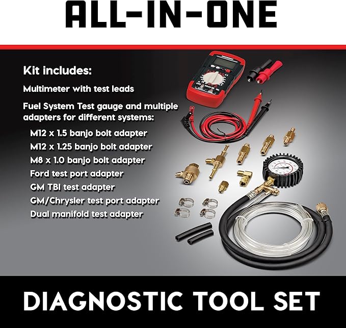 Powerbuilt Fuel System Diagnostic Kit, Pressure Test Gauge, Electrical System Issues, Adapters, Test Leads, Multimeter, Storage Case - 647959