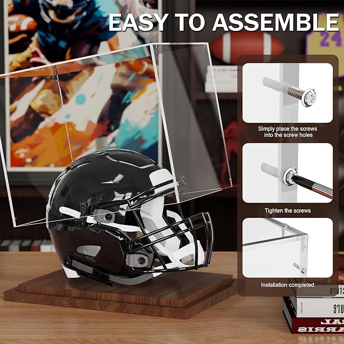 VGMiu Football Helmet Display Case with Wood Base, Clear Acrylic Helmet Display Box Dustproof Displays Case for Helmets, Sports Collectibles, Memorabilia Displays