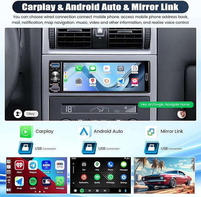Single Din Touchscreen Car Stereo with Wireless Carplay&Android Auto,6.5 Inch Car Radio MP5 Player with Bluetooth FM Radio EQ Car Audio with USB/Type-C SWC+Backup Camera