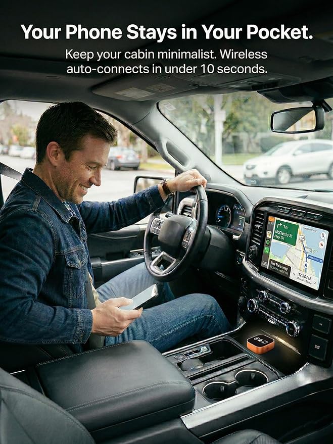 4-in-1 Wireless CarPlay & Android Auto Adapter – AirPlay & Miracast Media Hub – Seamless for Mixed Families – 5.8GHz Low-Latency & Auto-Connect – Factory Wired Cars Only (Sunset Orange)
