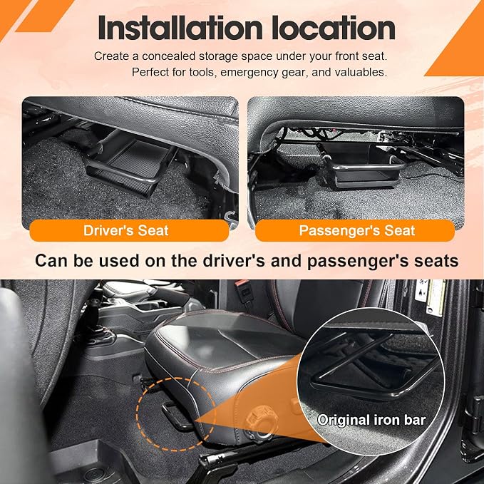 Front Under Seat Storage Organizer + Center Console Hidden Box + White Center Console Organizer for 2018-2026 Wrangler JL JLU & 2020-2026 Gladiator JT Accessories (Manual Seat Only)