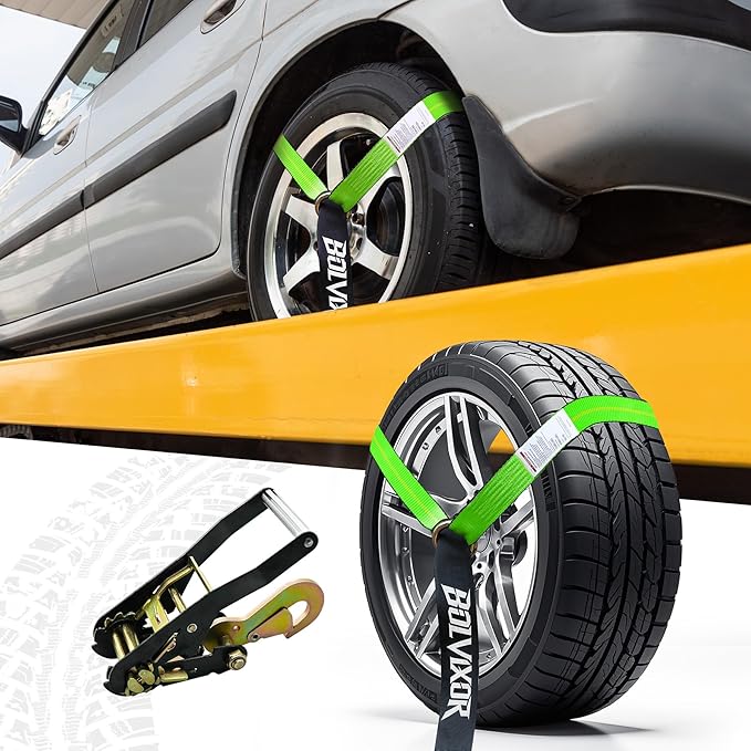 4 Pack Car Tie Down Straps for Trailers - 2" x 96" - 9900LBS Break Strength - Tire Ratchet Strap with Snap Hooks - Adjustable Wheel Straps for Hauling UTV, SUV, Truck, Any Cars