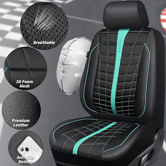 CAR PASS 3D Foam Mesh Leather Car Seat Covers Full Set, Breathable Premium Leather Seat Covers for Car,Anti Slip Universal Fit for Trucks Cars Sedans Vans SUVs, Airbag Compatible, Black Mint