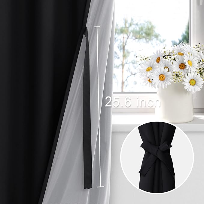 XWZO 100% Blackout Curtains 45 Inches Length with Tiebacks- Full Shade Window Drapes Thermal Insulated Double Layer with Black Liner for Small Short Windows, Grommet Top, Black, W38 x L45, Set of 2