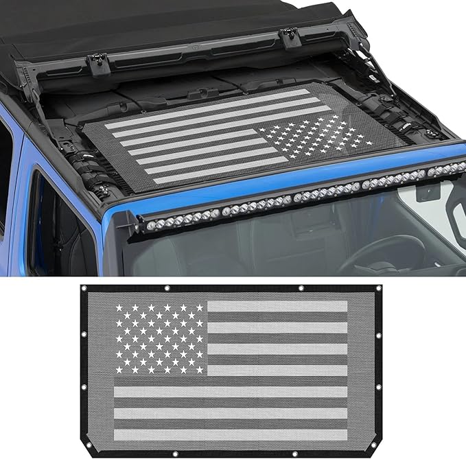 Sunshade for Jeep Wrangler JL JLU Unlimited 2 and 4 Door 2018-2023 Mesh Top Cover Sunroof Screen Bikini Soft Sun Shade with UV Blocker Exterior Accessories American Flag(Black)