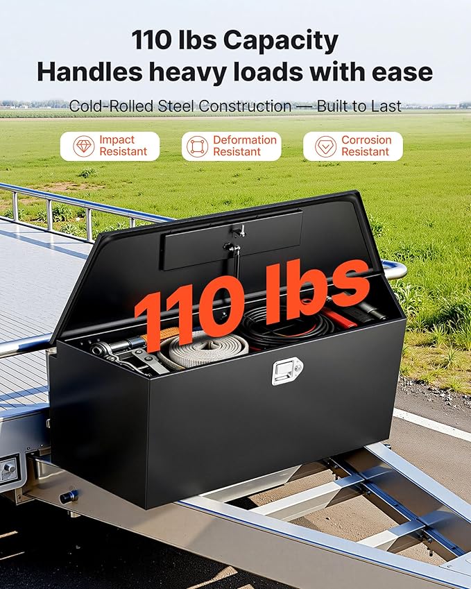 VEVOR Trailer Tongue Box, Heavy Duty Trailer Tongue Tool Box Storage Organizer with Lock & Keys, Utility Tool Chest for Pickup Truck Bed, RV, SUV, Off-Road Vehicle, Steel, 49" x 13.9" x 18.5"